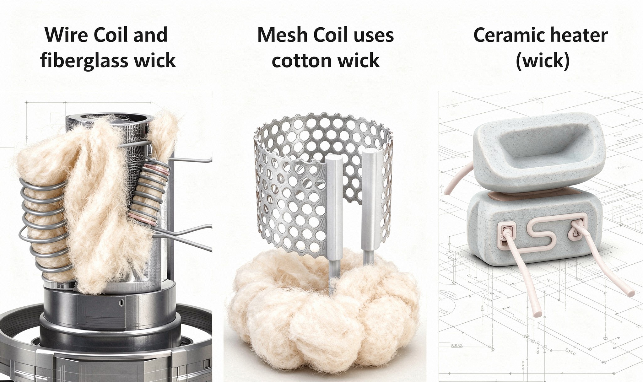 Heater Technologies Comparison - Wire Coil with fiberglass wick, Mesh Coil with cotton wick, and Ceramic heater
