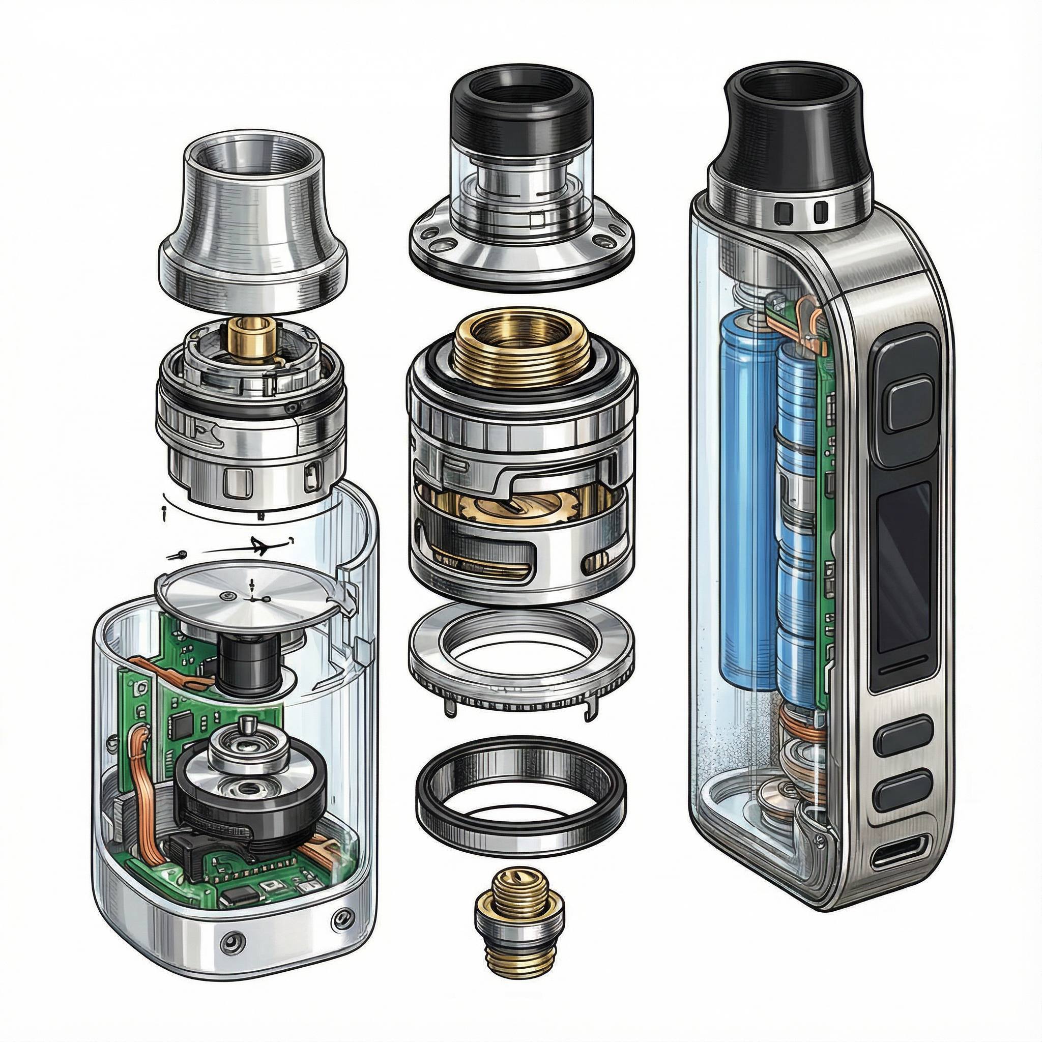 Complete ENDS device exploded view showing battery, PCB, atomizer components, and housing for comprehensive teardown analysis