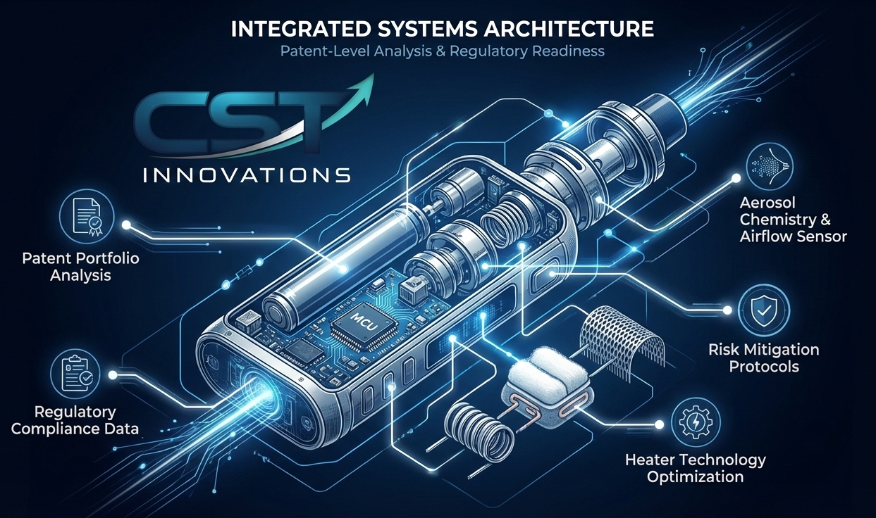 ENDS device technical diagram for PMTA regulatory compliance showing integrated systems architecture for aerosol characterization and thermal dynamics